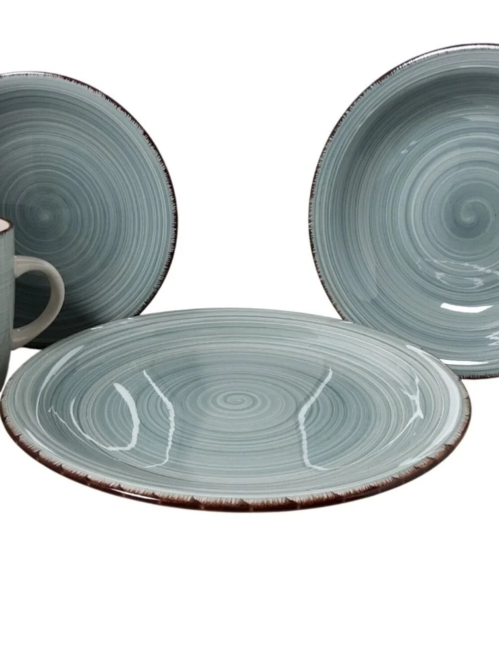 Vintage Royal Norfolk 1980s aqua swirl pattern Brown Edges 4pc. setting ceramic